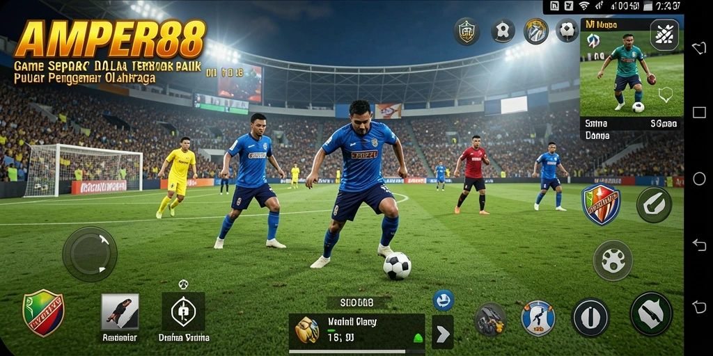 Tampilan gameplay AMPER88 dengan aksi seru di lapangan sepak bola.