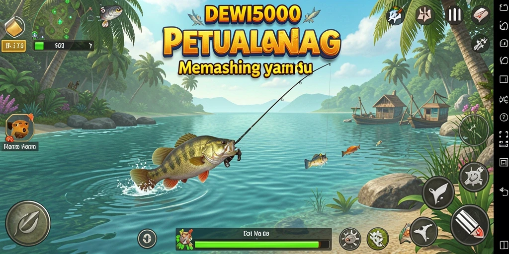 Screenshot gameplay DEWI5000 dengan pemandangan memancing yang menakjubkan.