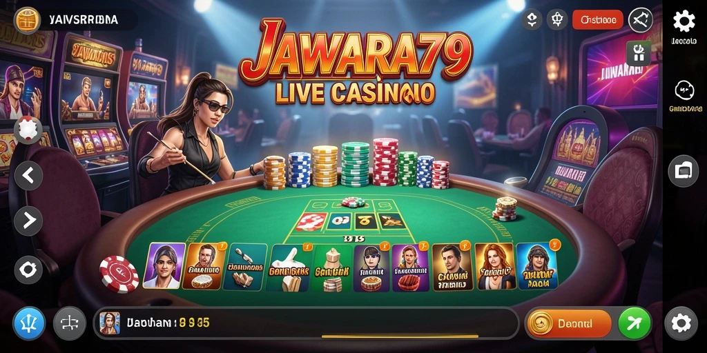 Screenshot gameplay JAWARA79 menunjukkan dealer profesional dan suasana Live Casino yang memikat.